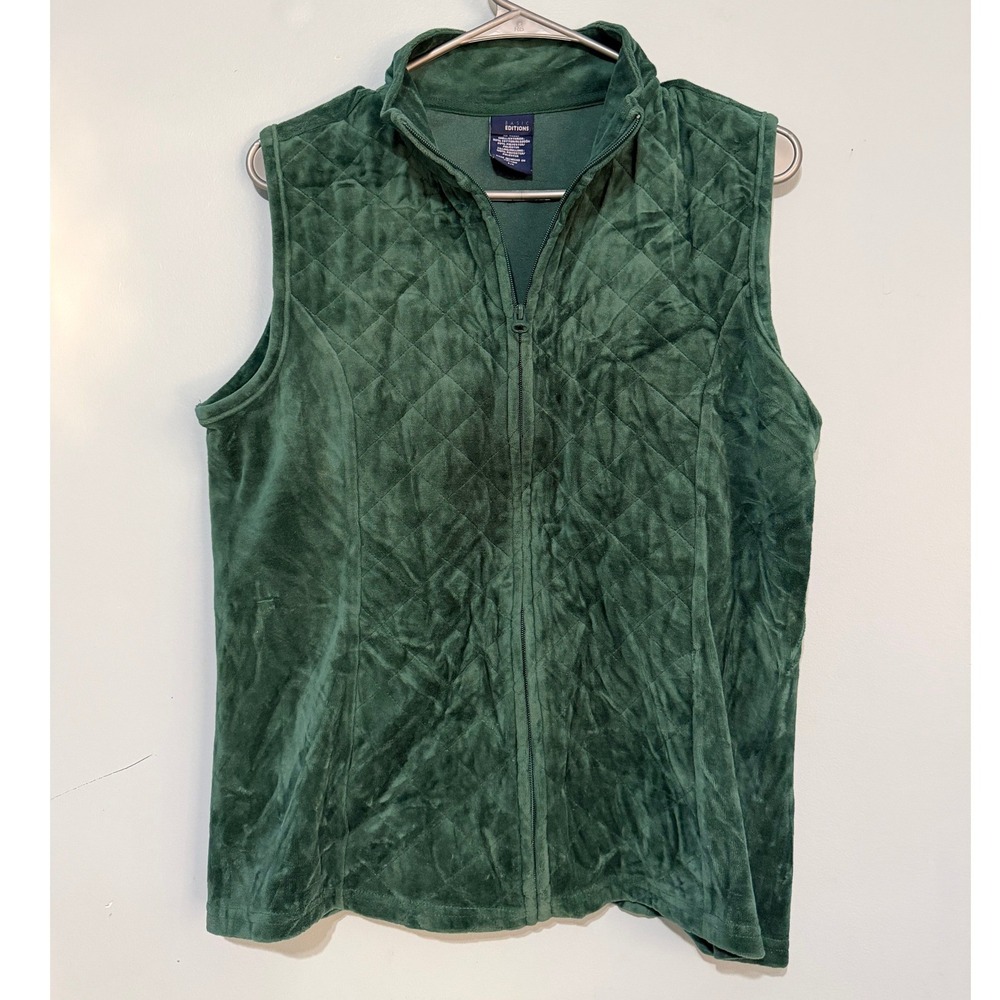 Basic Editions Women's Small Forest Green Quilted Velour Full Zip Vest Mock Neck